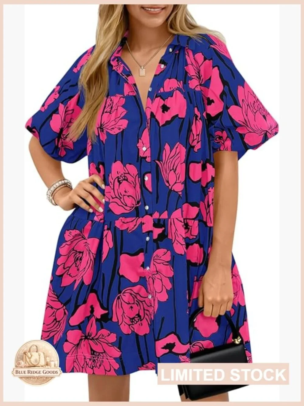 Floral Button Down Shirt Dress Puff Sleeve Loose Fit Mini Casual Boho Summer - Picture 1 of 7